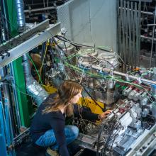 DRAGON postdoc Annika Lennarz at the BGO array surrounding the gas target